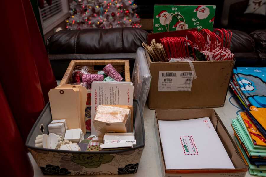 Packing and gift-wrapping supplies sit