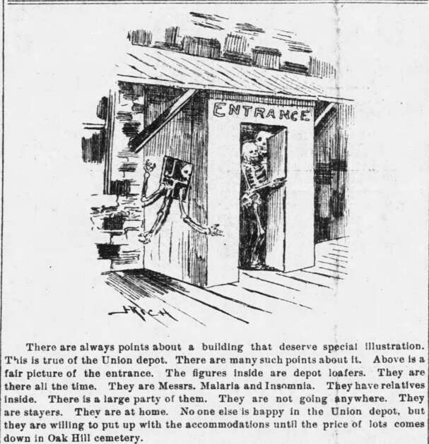 The Gazette ran a series of drawings lampooning the old Union Depot and advocating for a new Union Station more befitting the growing and prosperous city. This one ran April 16, 1895. (Gazette archives) 
