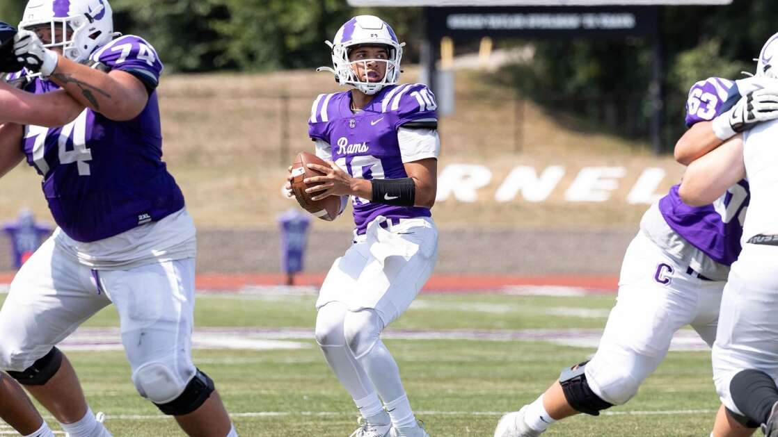 Cornell College quarterback John Smith looks to complete a pass during a college football game at Van Metre Field at Ash Park in Mount Vernon. Smith has passed for personal bests in back to back games. (Photo courtesy of Cornel Sports Information Department)