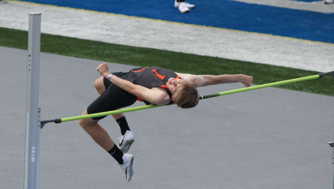 Fairfield’s Ryan Giberson approaches the high jump bar during the 2023 Class 3A boys competition at the 2023 state meet. (Andy Krutsinger/The Union)