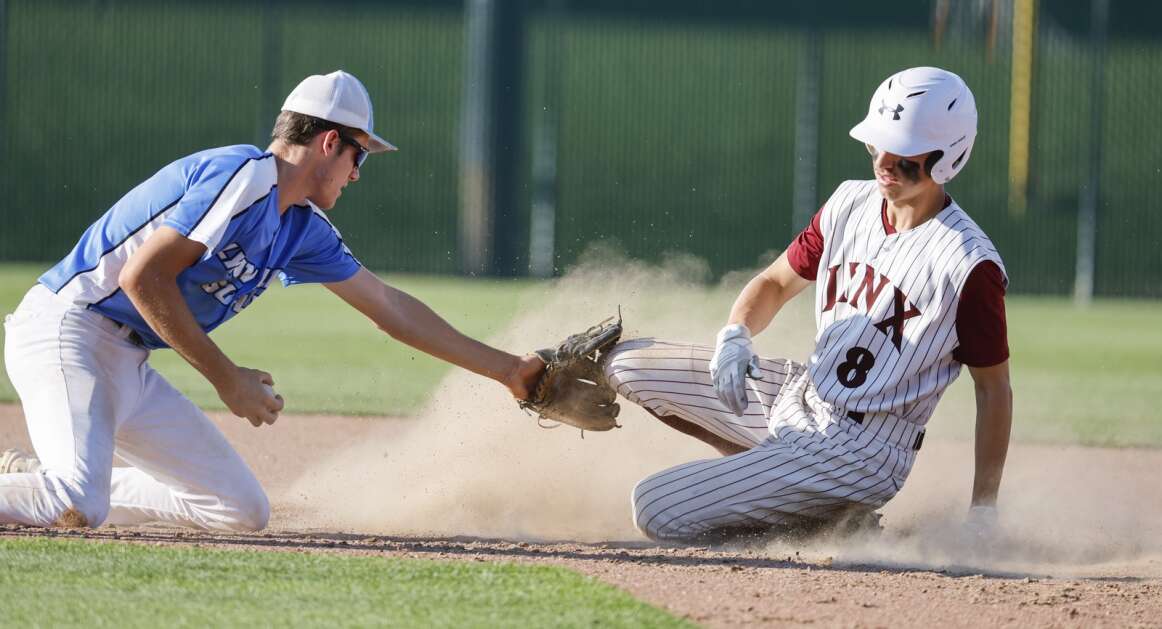 North Linn Lynx's Ben Wheatley (right) makes it safely to second base during a Class 1A substate final against Lynnville-Sully in Solon last July. (Jim Slosiarek/The Gazette)