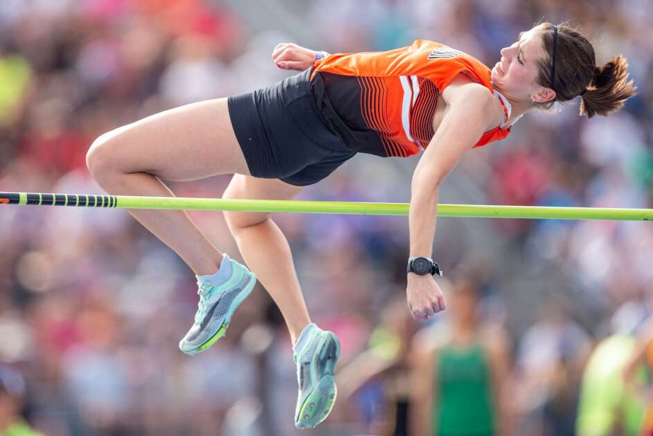 Washington’s Grace Voss competes in the high jump on day 1 of the Iowa Track and Field State Championship Meet in Des Moines, Iowa on Thursday, May 18, 2023. (Nick Rohlman/The Gazette)