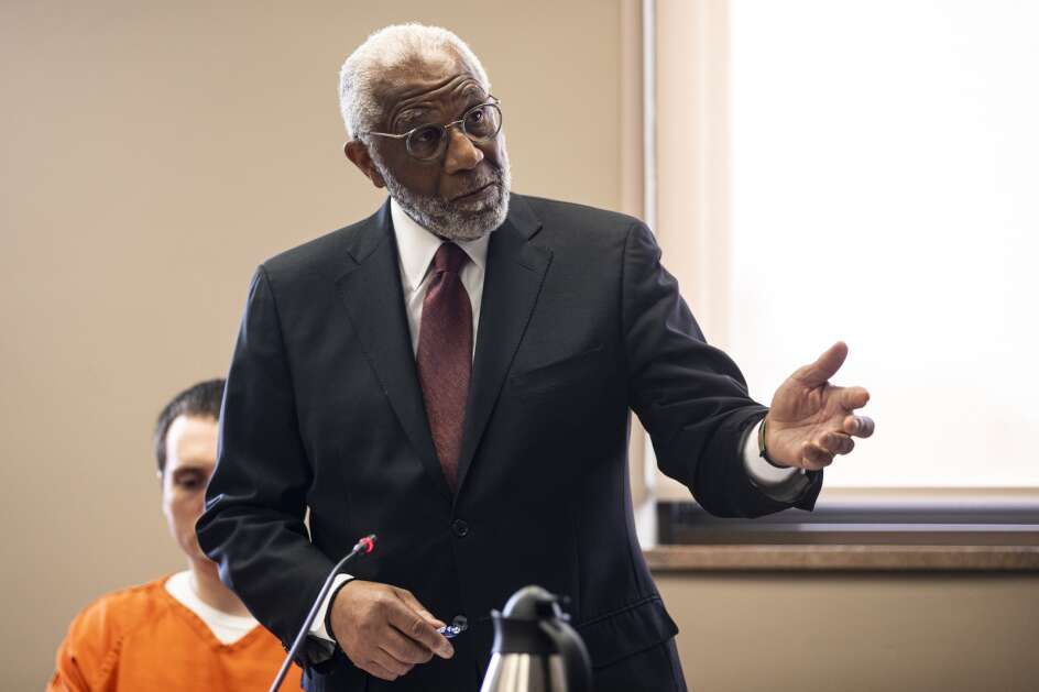 Defense attorney Alfredo Parrish speaks for the defense during a sentencing hearing for Greg Davis in Cedar Rapids on Friday. Davis was convicted in retrial in February for second-degree murder in the 2017 death of Carrie Renee Davis. (Nick Rohlman/The Gazette)