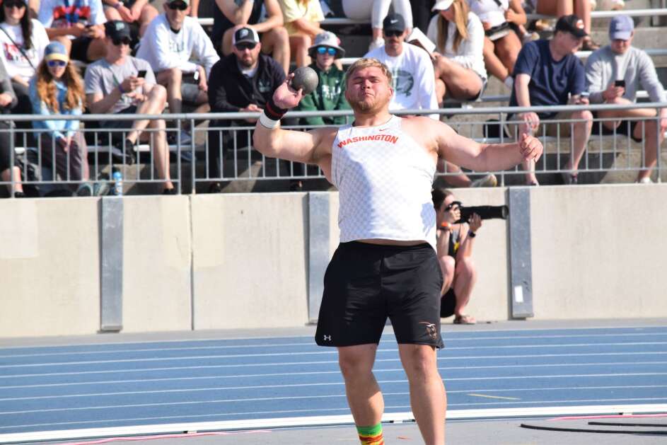 Washington’s Brayden Hartman gets set to launch the shot put during the Class 3A state finals on May 19, 2023, at Drake Stadium. (Hunter Moeller/The Union) 
