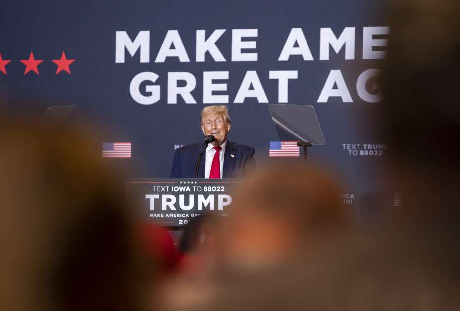 Former President Donald Trump speaks Saturday to a large crowd during a campaign stop at the DoubleTree by Hilton Convention Complex in Cedar Rapids. (Savannah Blake/The Gazette)