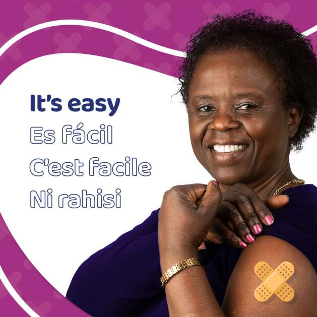 Esther Mwelwa, an interpreter for the Eastern Iowa Health Center, appears in a new multilingual ad aiming to reach populations lagging behind in uptake of the COVID-19 vaccine and its updated bivalent booster. As the federal public health emergency declaration ends May 11, 2023, the clinic is ramping up new efforts to reach underserved populations. (Eastern Iowa Health Center)