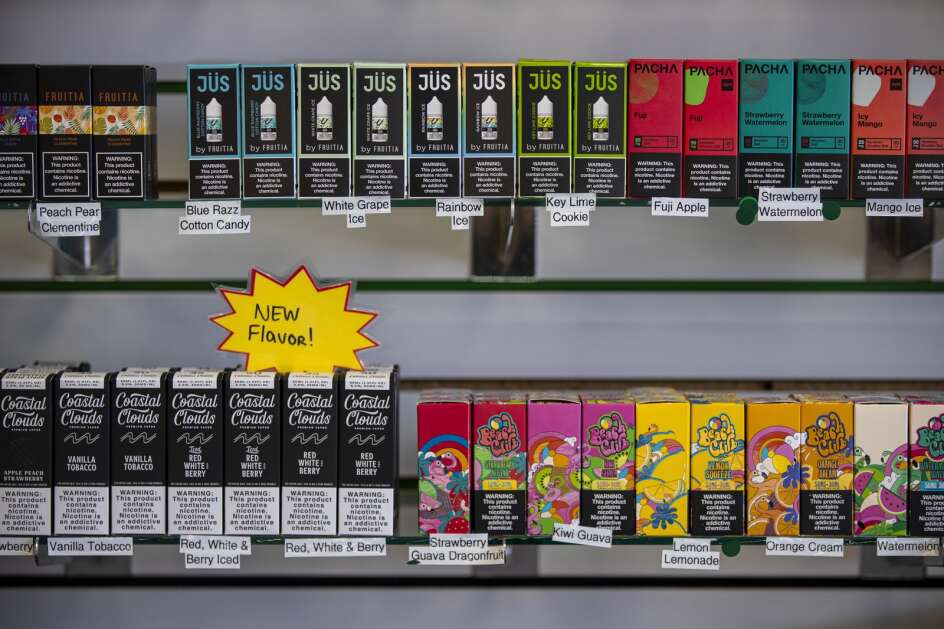 Flavored vape products are for sale Tuesday at the Central Iowa Vapors store in Des Moines. (Nick Rohlman/The Gazette)