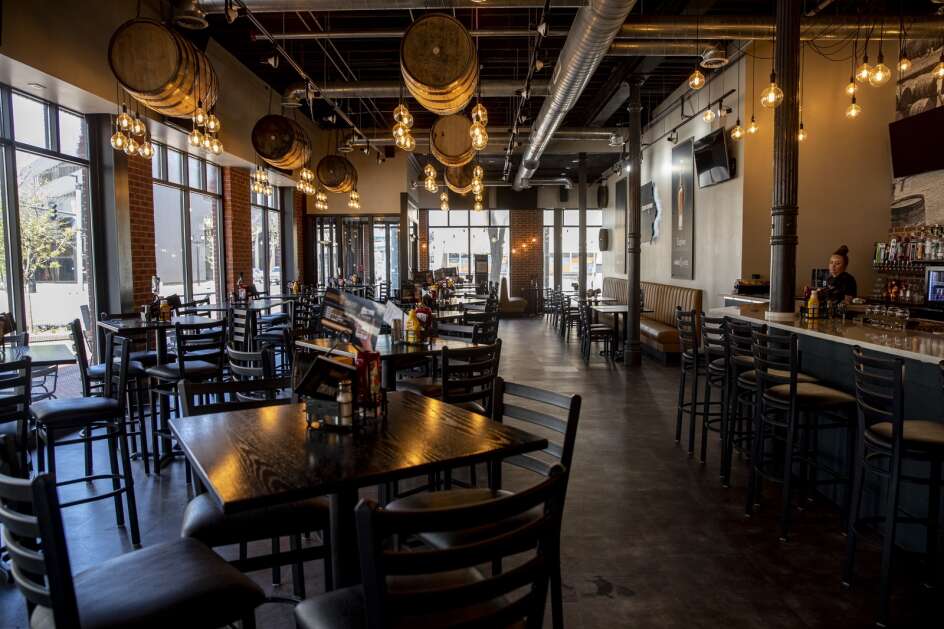 The dining room and bar at Barrel House’s location in Cedar Rapids, Iowa on Friday, April 28, 2023. (Nick Rohlman/The Gazette)