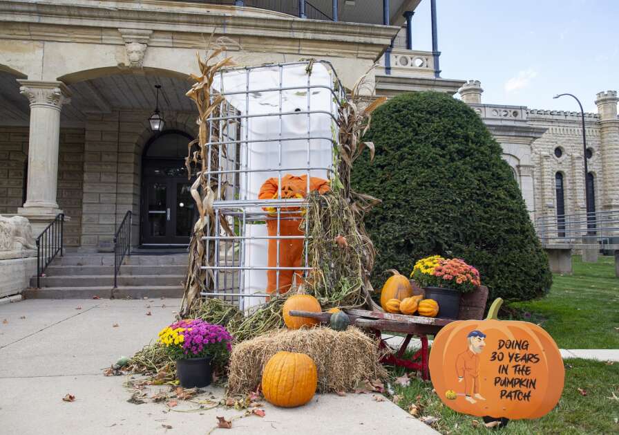 A Halloween display sits outside the Anamosa State Penitentiary in Anamosa, Iowa on Thursday, Oct. 5, 2023. (Savannah Blake/The Gazette)