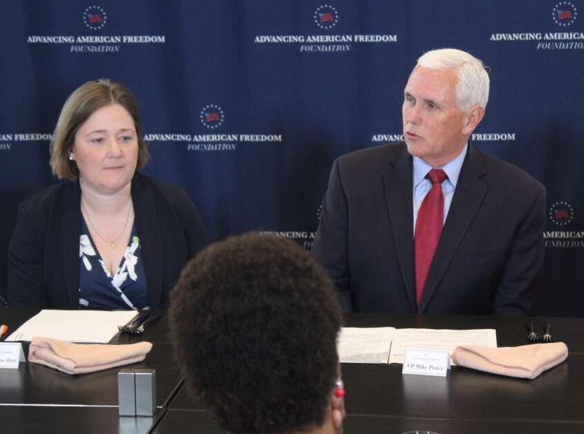 Joined by Iowa Attorney General Brenna Bird, former Vice President Mike Pence, a potential Republican candidate for president in 2024, speaks during an event hosted by his nonprofit issue advocacy organization Advancing American Freedom at the AC Hotel in Des Moines on Wednesday, May 24, 2023. (Erin Murphy/Gazette Des Moines Bureau)