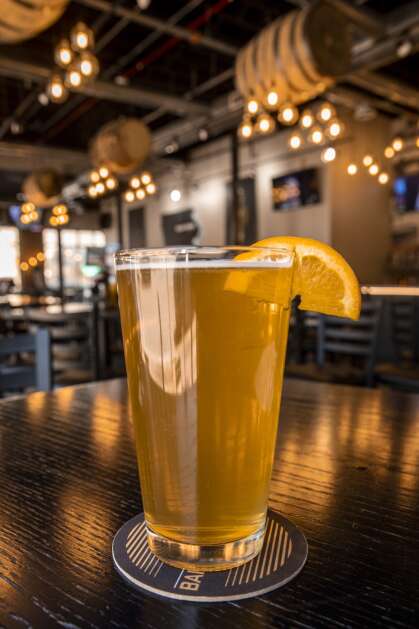 Bent River’s Island Time Wheat beer at Barrel House’s location in Cedar Rapids, Iowa on Friday, April 28, 2023. (Nick Rohlman/The Gazette)