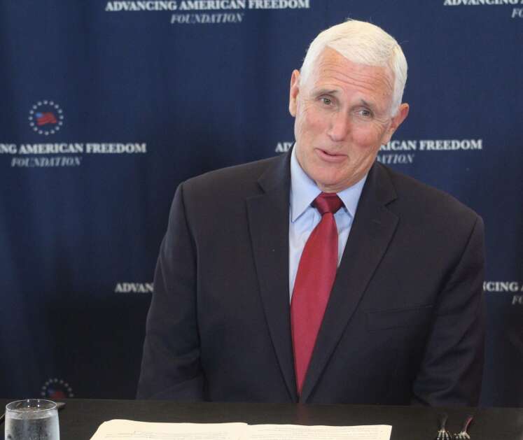 Former Vice President Mike Pence, a potential Republican candidate for president in 2024, speaks during an event hosted by his nonprofit issue advocacy organization Advancing American Freedom at the AC Hotel in Des Moines on Wednesday, May 24, 2023. Photo by Erin Murphy.