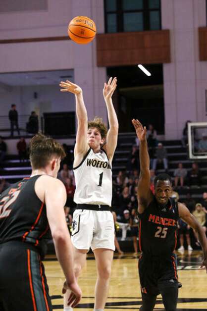 SPARTANBURG,SC - FEBRUARY 15: Wofford Terriers guard Jackson Paveletzke (1) takes a jump shot from the foul line during a college basketball game between the Mercer Bears and the Wofford Terriers on February 15, 2023, at Jerry Richardson Indoor Stadium in Spartanburg, S.C. (Photo by John Byrum/Icon Sportswire) (Icon Sportswire via AP Images)