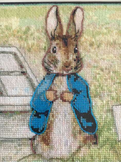 This close-up shows the intricate counted cross stitching Sheri Ekstrom used to create Peter Rabbit. (Diana Nollen/The Gazette) 