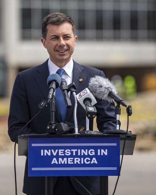 U.S. Secretary of Transportation Pete Buttigieg speaks Thursday at The Eastern Iowa Airport in Cedar Rapids, where $20 million in federal infrastructure funds is helping fund improvements. (Nick Rohlman/The Gazette)