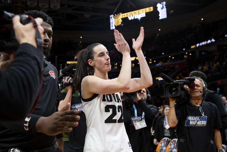 Iowa Hawkeyes guard Caitlin Clark (22) celebrates as she walks off the court after a NCAA Final Four game at Rocket Mortgage FieldHouse in Cleveland, Ohio on Friday, April 5, 2024. (Savannah Blake/The Gazette)