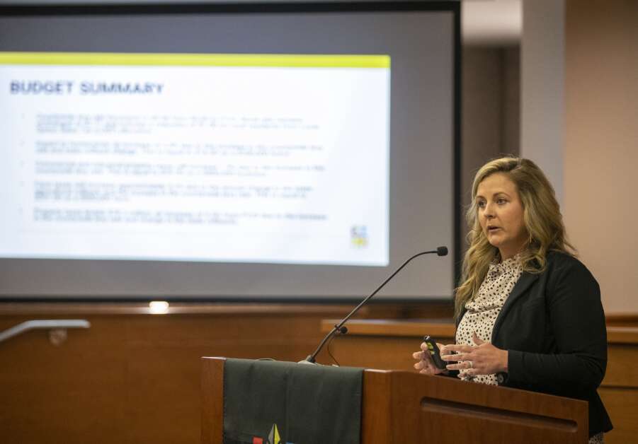 County Budget Director Sara Bearrows goes over the budget for Linn County, including increases in property taxes, during Thursday’s State of the County address at the Jean Oxley Linn County Public Service Center in Cedar Rapids. (Savannah Blake/The Gazette)