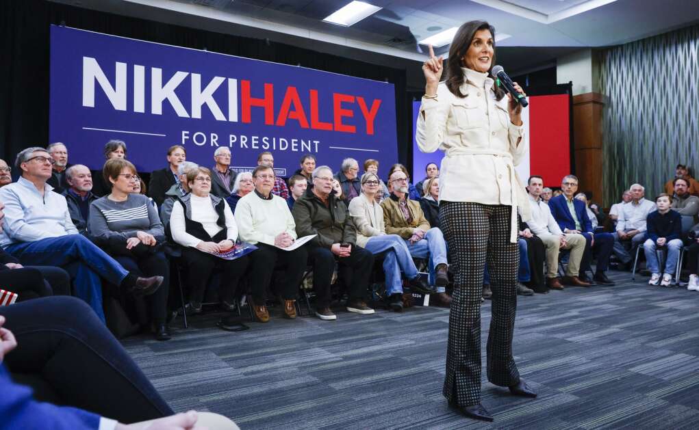 Republican presidential candidate Nikki Haley speaks during a town hall at Legacy Manufacturing in Marion, Iowa, on Tuesday, February 21, 2023. (Jim Slosiarek/The Gazette)