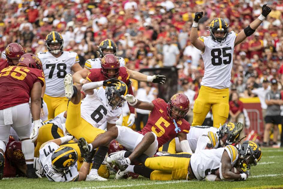 Iowa Hawkeyes running back Jaziun Patterson (9) scores a touchdown during a football game between the Iowa State Cyclones and the Iowa Hawkeyes at Jack Trice Stadium in Ames, Iowa on Saturday, September 9, 2023. (Nick Rohlman/The Gazette)