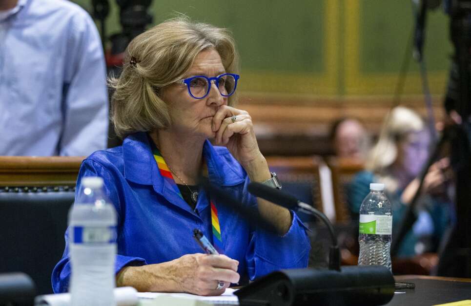 Iowa State Rep. Sharon Sue Steckman, a Democrat from Mason City, listens to community members speak during a hearing on area education agencies at the Iowa State Capitol in Des Moines on Feb. 21. (Savannah Blake/The Gazette)