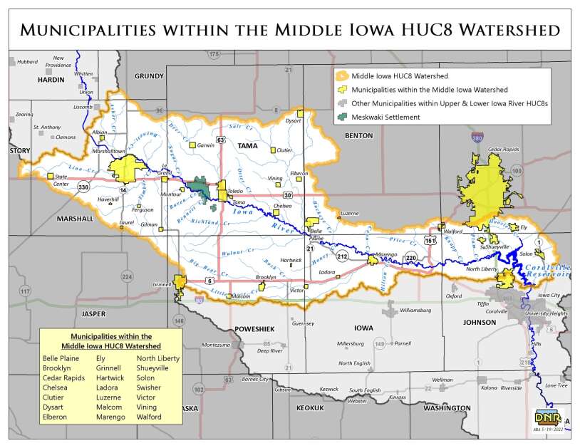 Map of the Middle Iowa River Watershed (Provided by the  East Central Iowa Council of Governments)