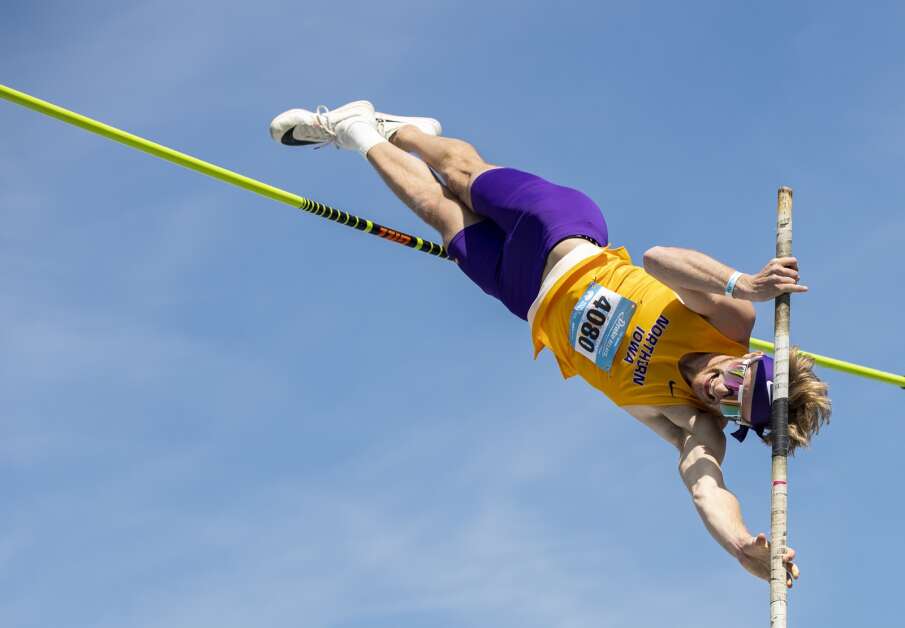 UNI’s Carter Morton launches himself over the bar during the decathlon pole vaultevent during the Drake Relays at Drake Stadium in Des Moines, Iowa on Thursday, April 27, 2023. (Savannah Blake/The Gazette)