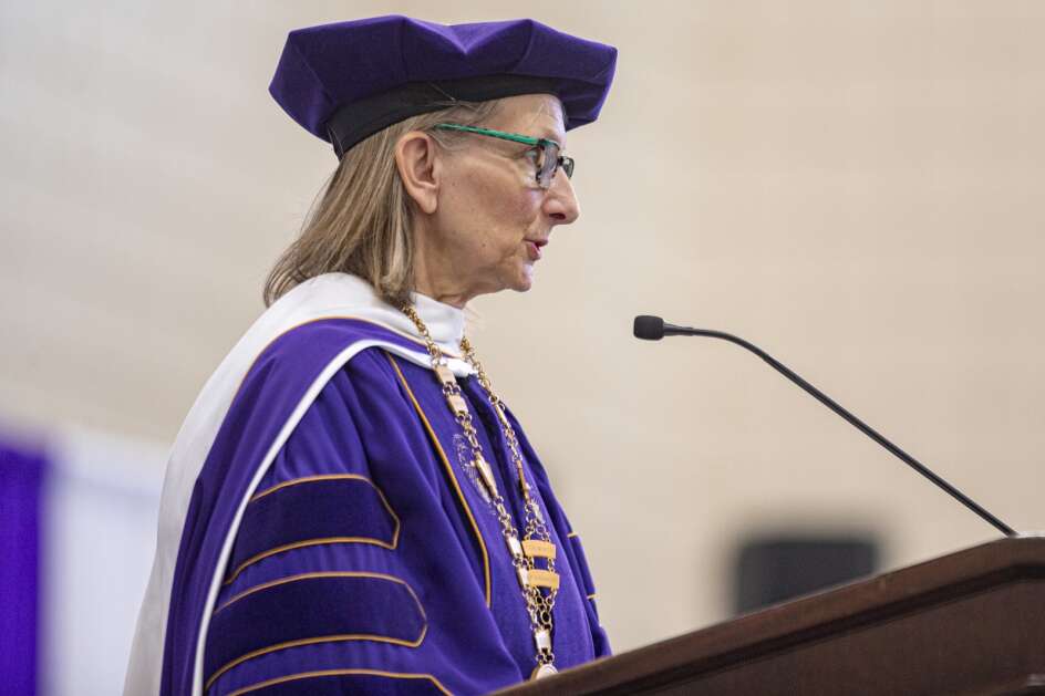 Mount Mercy President Christine Plunkett speaks during a commencement ceremony at Iowa Wesleyan University in Mount Pleasant, Iowa on Saturday, May 6, 2023. The 2023 class will be the university’s last. The university, founded in 1842, will close permanently at the conclusion of the spring term after 181 years of operation. A statement from the university’s board of trustees cited “a combination of financial challenges – increased operating costs due to inflationary pressures, changing enrollment trends, a significant drop in philanthropic giving, and the rejection of a proposal for federal Covid funding by [Iowa Governor Kim Reynolds]” as the reasons for the closure. (Nick Rohlman/The Gazette)