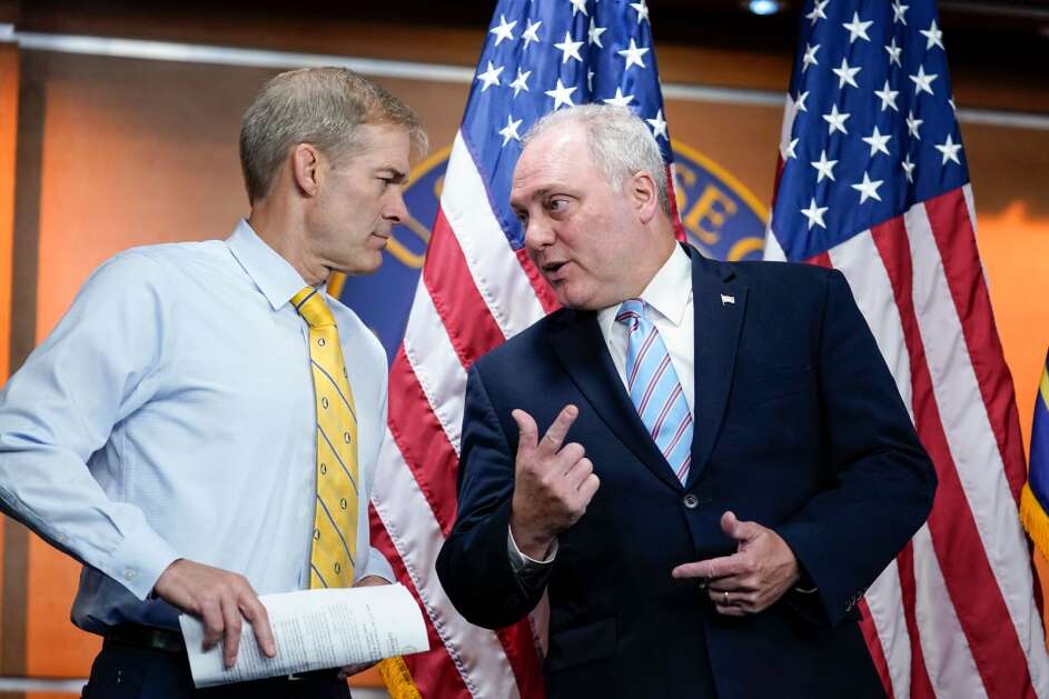 FILE PHOTO -- Rep. Jim Jordan, R-Ohio, left, the ranking member on the House Judiciary Committee, confers with House Minority Whip Steve Scalise, R-La., at the Capitol in Washington, Wednesday, June 8, 2022, in this file photo. (AP Photo/J. Scott Applewhite)