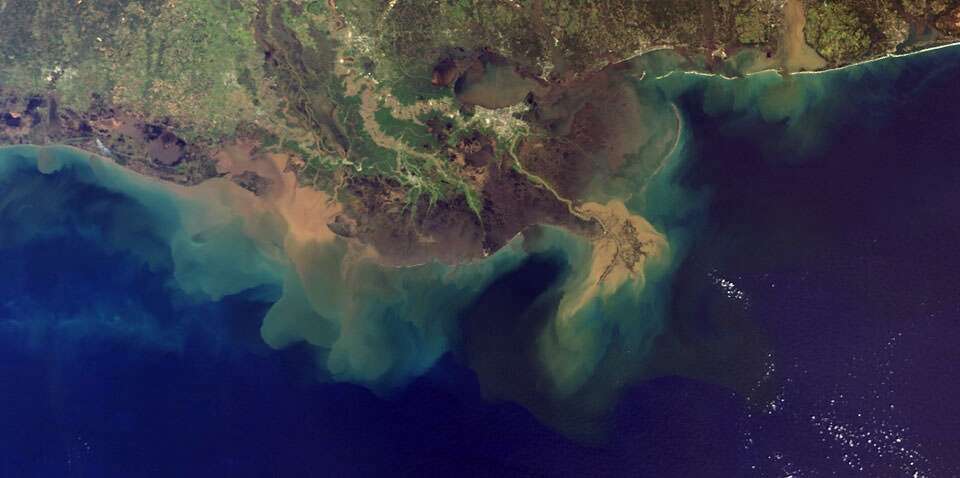 The Gulf of Mexico's hypoxic "dead zone" at the end of the Mississippi River is seen by satellite south of Louisiana in 2017. (National Oceanic and Atmospheric Administration)