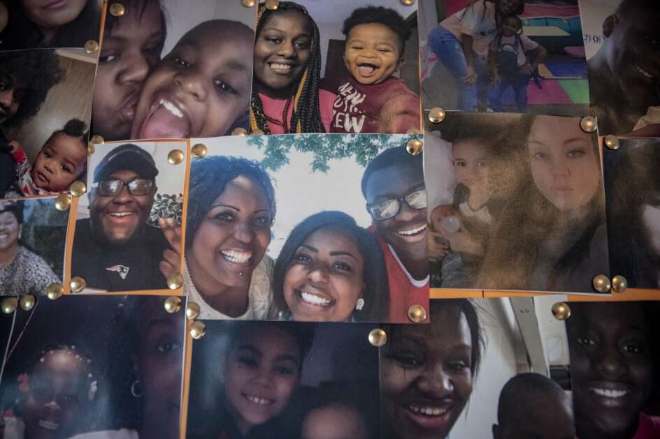 A family photo (center photo) shows Denia Davis with her daughter, Denisha, and son, Demitree, at her home in Cedar Rapids. Davis, who works as an in-home child care provider, adopted her cousin's son and is fostering his baby brother. (Nick Rohlman/The Gazette)