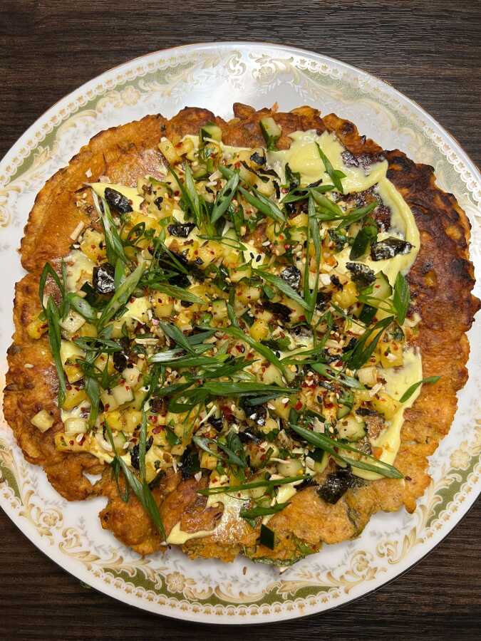 Okonomiyaki, a Japanese pancake served