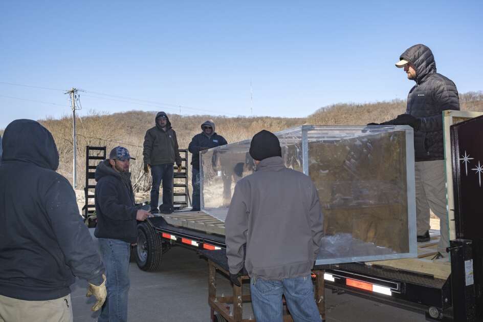 Allamakee County Conservation Board and custom aquarium builder Under The Sea employees on March 29 unload and move a 1,250 gallon aquarium at the Driftless Visitors’ Center in Lansing. The county bought the aquarium with nearly $85,000 in donations to celebrate the Driftless Center’s fifth anniversary. (Nick Rohlman/The Gazette)