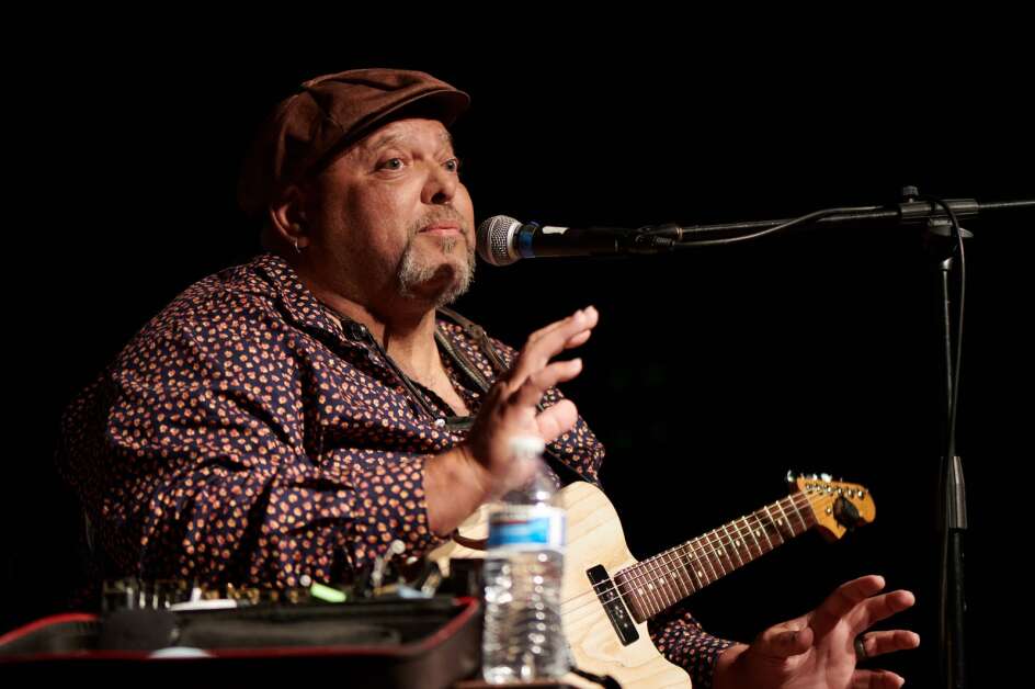 Blues musician Kevin “B.F.” Burt speaks about a life in the arts April 22 before performing during The Gazette’s Excellence in the Arts event at CSPS in Cedar Rapids. (Cliff Jette/Freelance for The Gazette)