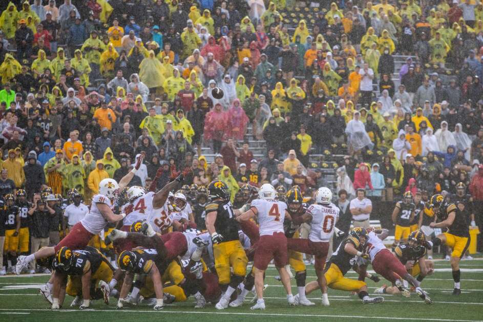 Iowa Hawkeyes place kicker Aaron Blom (1) attempts a field goal as time expires during a game between the University of Iowa and Iowa State University at Kinnick Stadium in Iowa City, Iowa on Saturday, September 10, 2022. (Nick Rohlman/The Gazette)