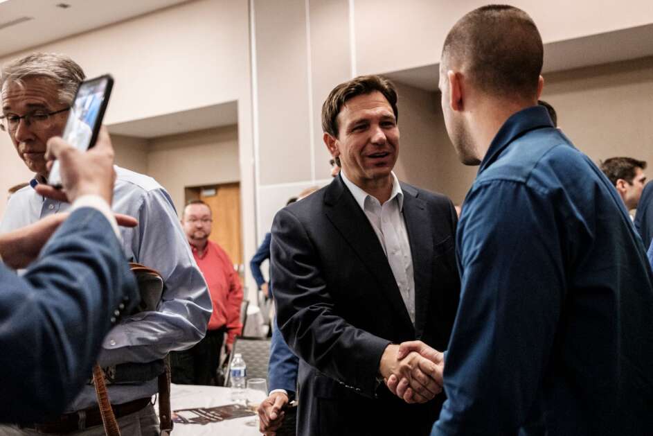 Florida Governor Ron DeSantis greets supporters following an event at the Kirkwood Hotel in Cedar Rapids, Iowa on Saturday, May 13, 2023. (Nick Rohlman/The Gazette)