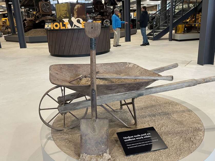 The entry of the Earthmoving Legacy Center in Elkader features a technological advance to shells and woven baskets to carry soil -- a wheelbarrow. (Marion Patterson)