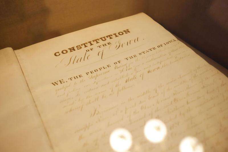 The Iowa Constitution is on display in Secretary of State Paul Pate's office in the Iowa Statehouse. Republicans are proposing an amendment to the constitution that would say the constitution does not guarantee a woman's right to an abortion. (Rebecca F. Miller/The Gazette)