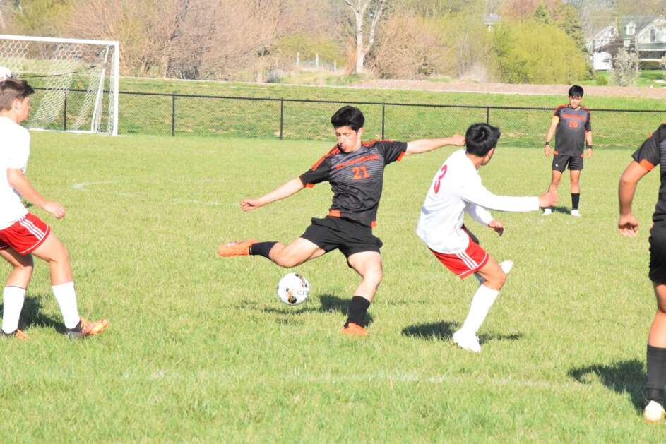 Washington’s Brayan Arreola takes a shot at goal against Fort Madison on Monday, April 15, 2024. (Hunter Moeller/The Union)