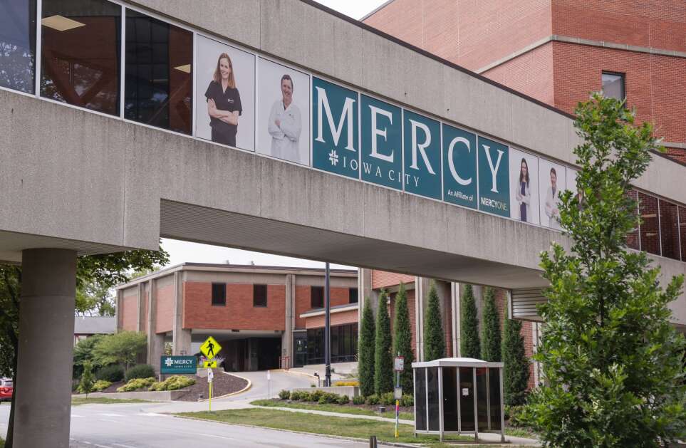 Mercy Iowa City hospital in Iowa City, Iowa, on Monday, August 7, 2023. The financially struggling hospital has signed a letter of intent with the University of Iowa to be acquired by the university for a proposed $20 million. The hospital and employees would transition to UI Health Care.   (Jim Slosiarek/The Gazette)