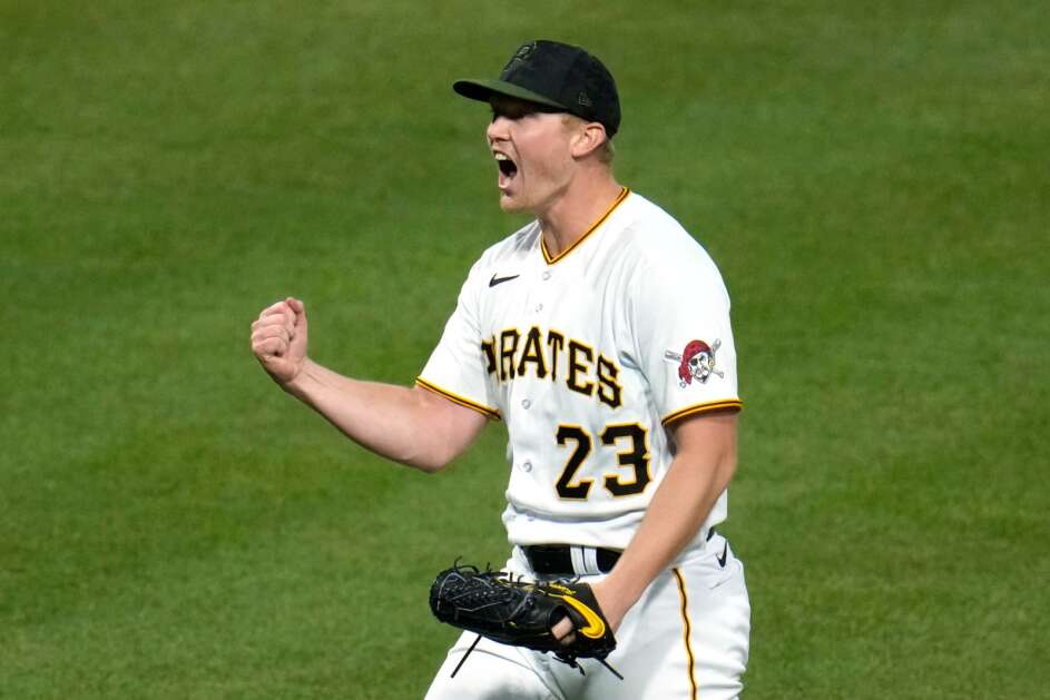 Pittsburgh Pirates starting pitcher Mitch Keller celebrates after pitching a complete game shutout in a baseball game against the Colorado Rockies in Pittsburgh, Monday, May 8, 2023. The Pirates won 2-0. (AP Photo/Gene J. Puskar)