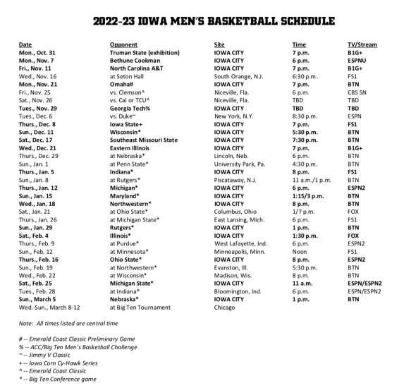 Iowa men’s basketball has 2022-23 tip times established