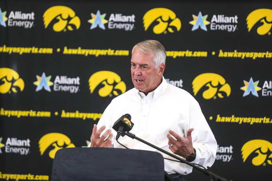 University of Iowa Athletic Director Gary Barta addresses media during a news conference July 8, 2022, at Carver-Hawkeye Arena in Iowa City. (Geoff Stellfox/The Gazette)