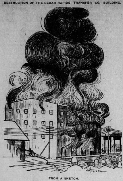 This sketch shows the July 1905 fire that destroyed the warehouse leased by Cedar Rapids Transfer at A Avenue and Fourth Street NE. (Gazette archives) 