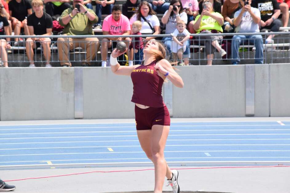 Mt. Pleasant’s Ava English competes in the shot put on day 2 of the Iowa Track and Field State Championship Meet in Des Moines, Iowa on Friday, May 19, 2023. (Hunter Moeller/The Union)