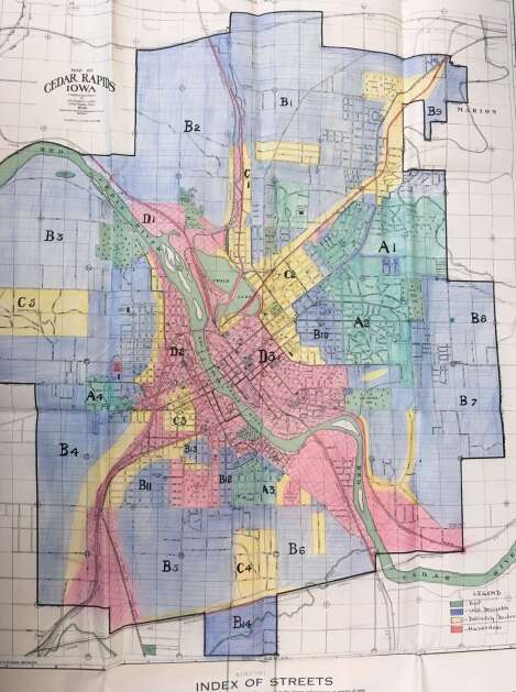 The redlining map for Cedar Rapids, courtesy of Ben Kaplan, Robert Nelson, and the Mapping Inequality Project) 