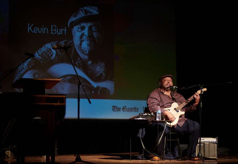 Blues musician Kevin “B.F.” Burt performs April 22 during The Gazette’s Excellence in the Arts event at CSPS in Cedar Rapids. (Cliff Jette/Freelance for The Gazette)