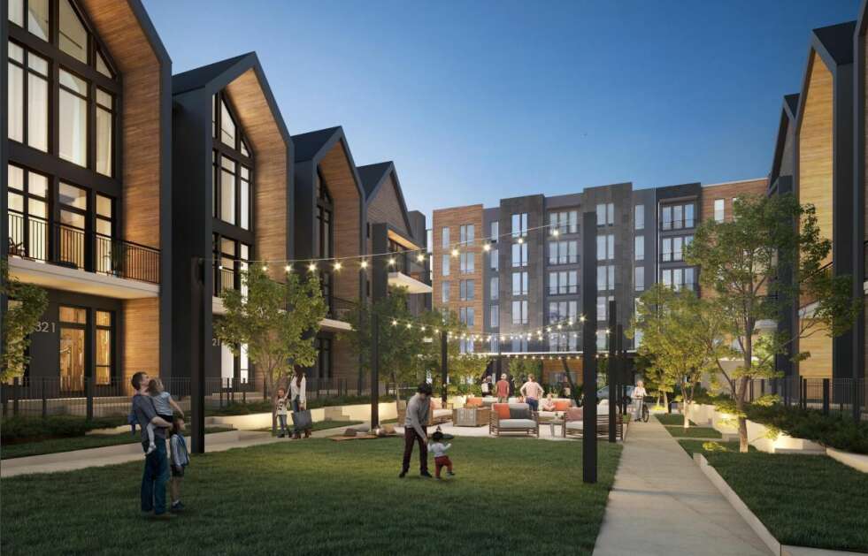 The Gather Iowa development team has worked on planning green space and outdoor space throughout the project. Renderings created by Dwell Design Studio. (Provided by city of Coralville)