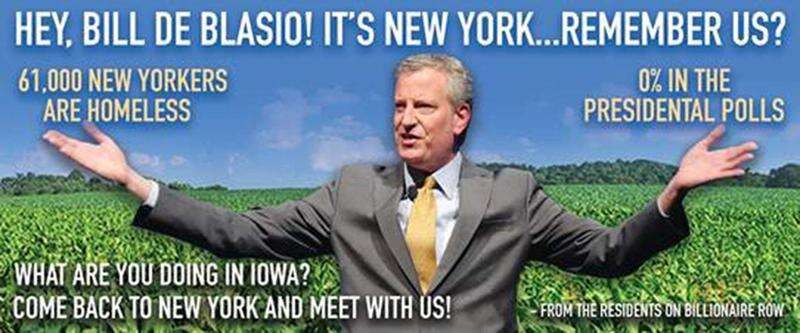 New Yorkers put up billboard in Cedar Rapids to say: Mayor de Blasio! Come home and do your job!