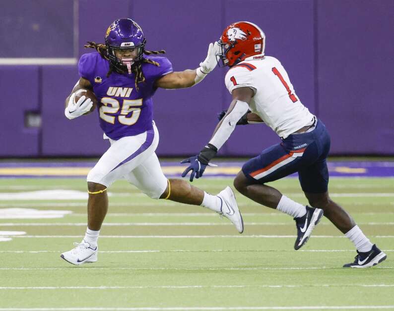 Harrison Bey-Buie (25) is among the running back candidates who have stood out for Northern Iowa so far this spring. (Jim Slosiarek/The Gazette)