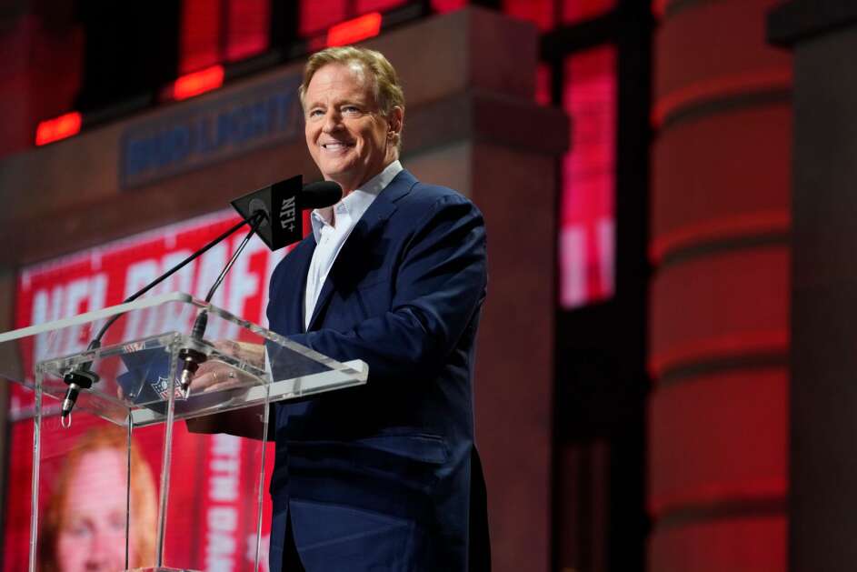 NFL Commissioner Roger Goodell smiles on stage during the 2023 NFL Draft, Friday, April 28, 2023, in Kansas City, Mo. (AP Photo/Steve Luciano)